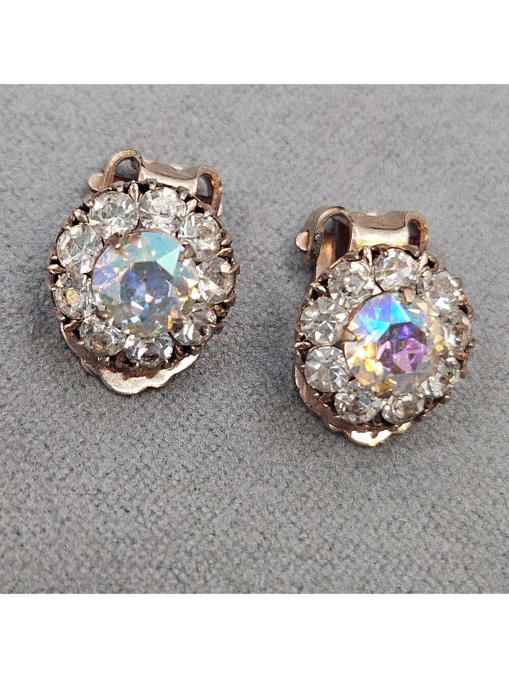 Vintage Weiss AB Rhinestone Clip On Cluster Earrings Vintage Gold Tone